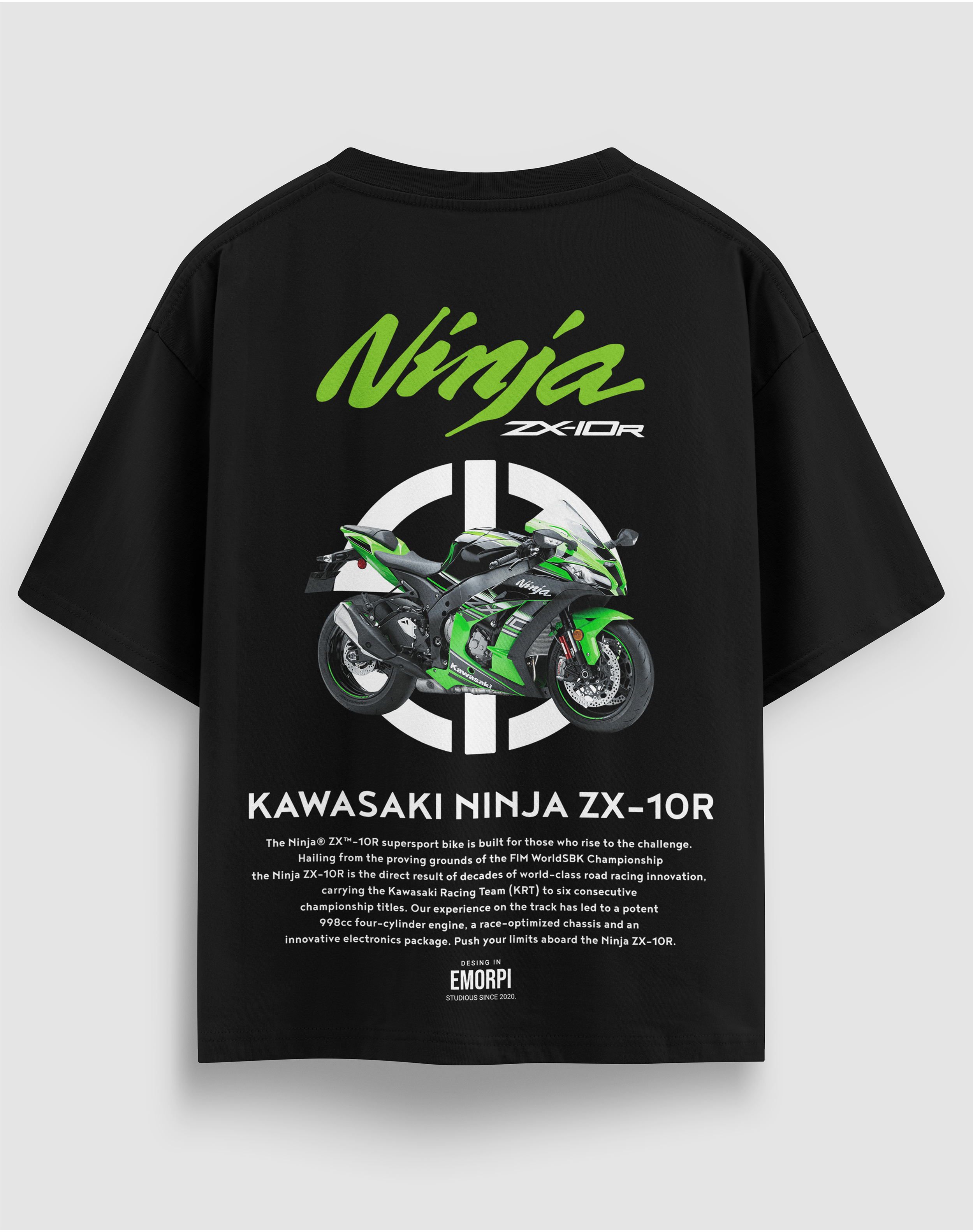 Kawasaki Ninja ZX-10R baskılı motorcu tişört, siyah, arkadan görünüm. Kawasaki Ninja ZX-10R çizimli sırt baskısı